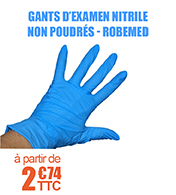 Gants d'examen nitrile non poudrs Robemed,  Bote de 100 - Bleu - 3 g - Aql 1,5 materiel medical