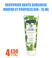 Dentifrice dents sensibles, menthe et propolis bio, Coslys - 75 ml