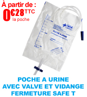 Poche à urine avec valve et vidange, fermeture SafeT Robé Médical
