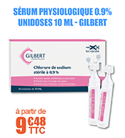 Srum physiologique Gilbert strile 0.9% - Monodose de 50 ml - Bote de 32 doses.