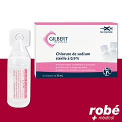 Sérum physiologique GILBERT stérile 0.9% - Monodose de 50 ml - Boîte de 32  doses. - Serum physiologique en dose et flacon - Robé vente matériel médical