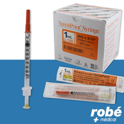 Seringue à insuline U-100 sécurisée 1ml avec aiguille 29G ou 30G VanishPoint - Boîte de 100