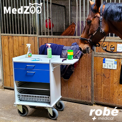 Chariot desserte vétérinaire avec plateau, tablette, bacs et paniers - Medzoo - Bleue ou blanche